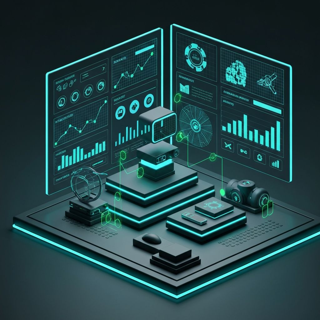 Workspace digital futurista com visualizações de dados e tecnologia